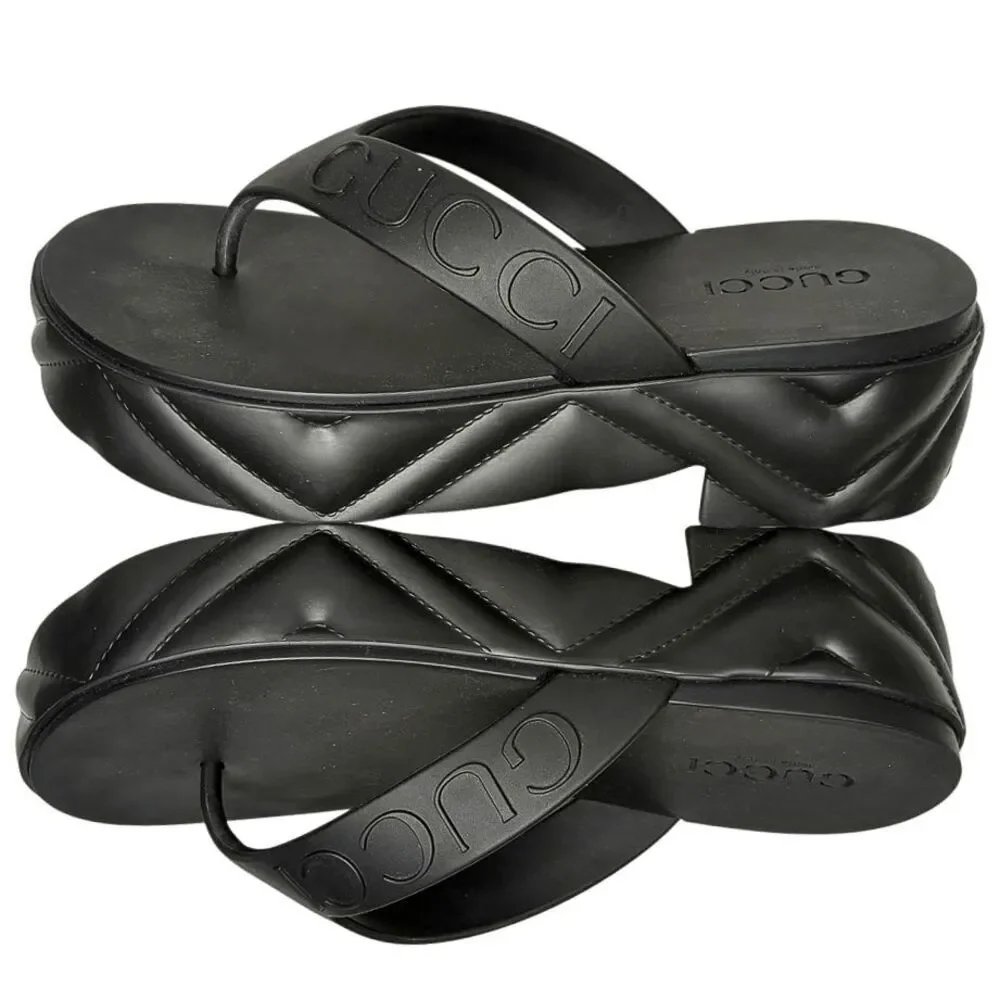 Gucci Rubber Chevron Logo Platform Thong Sandals Black Size 37 Box & Dust Bag - Picture 8 of 13